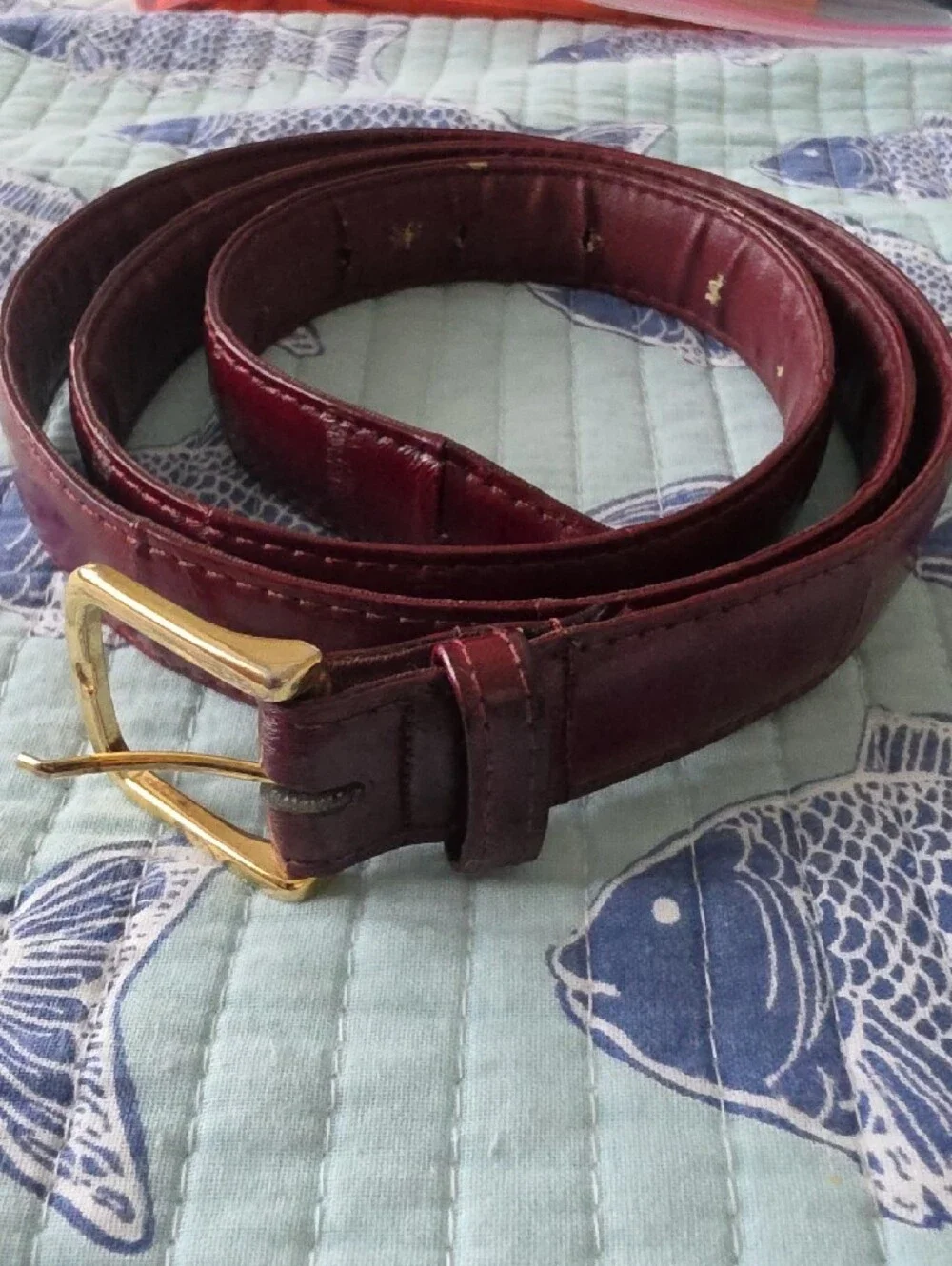Genuine Eelskin Burgundy Leather Belt W/Gold Buckle